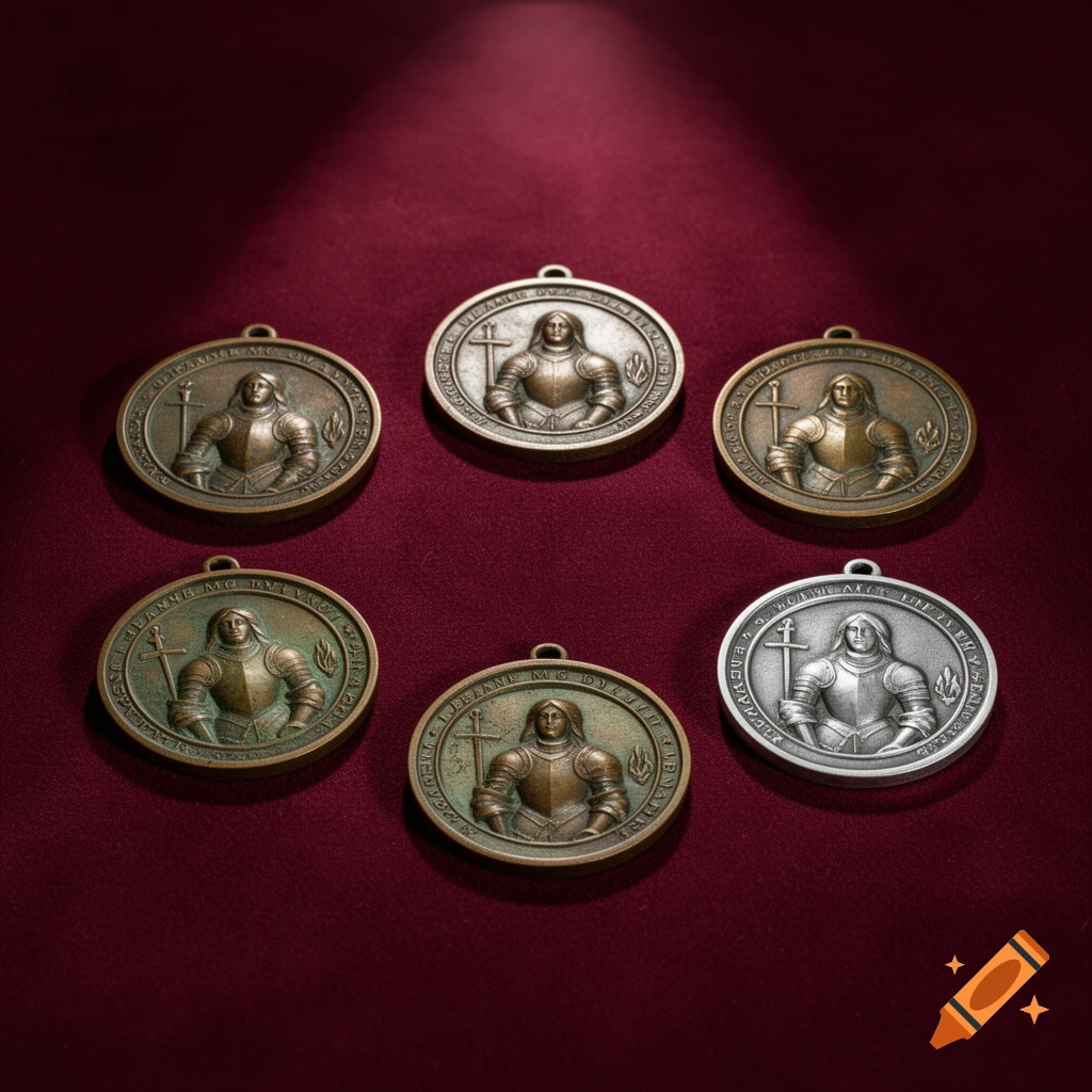 Six historical medals depicting Joan of Arc in armor, varying in metallic finish, arranged on a dark red velvet surface.