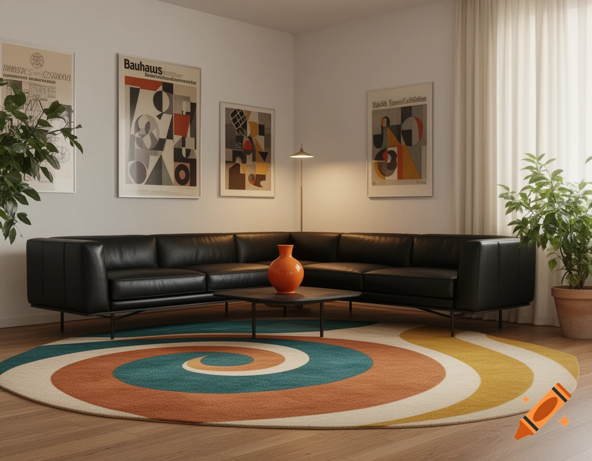 Photorealistic living room with a black L-shaped sofa, a colorful mid-century modern swirl rug, and Bauhaus art prints.