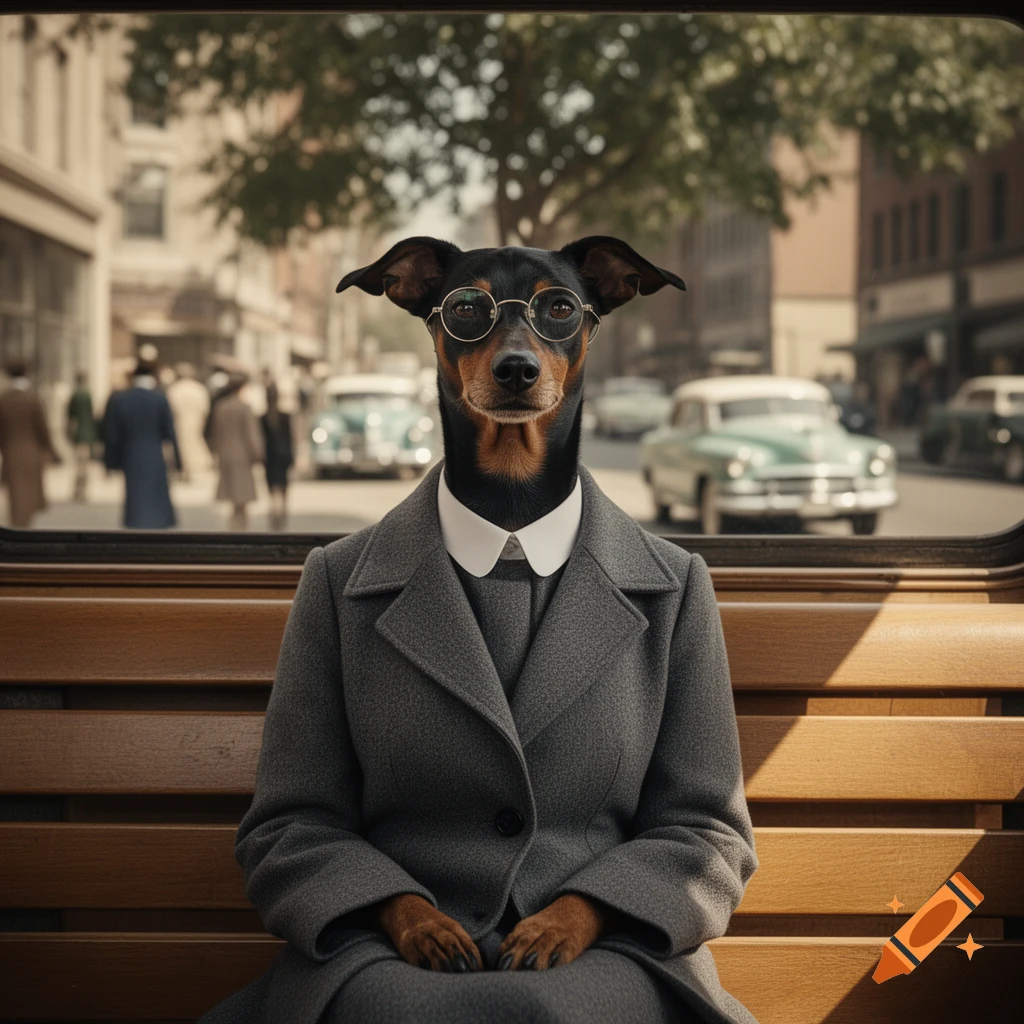 A black and brown dog wearing glasses, a white collared shirt, and a gray coat sits on a wooden bench. A blurred vintage street scene with cars and people is visible through the window behind it.