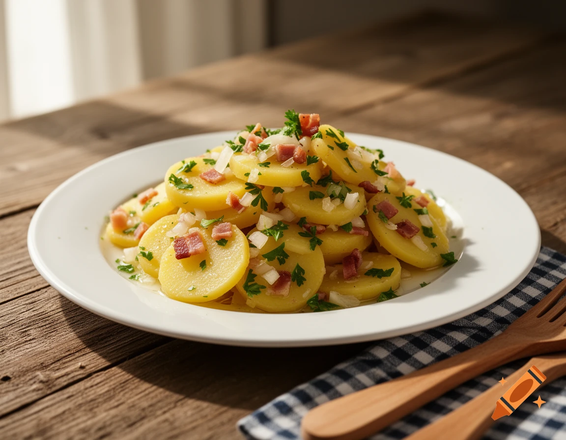 A plate of Swabian potato salad topped with chives and bacon bits, served on a rustic wooden table.