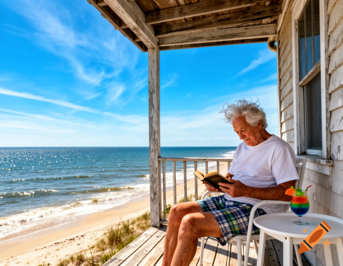 An old man reads on a weathered porch overlooking a sunny beach and blue ocean, with a colorful cocktail. Photorealistic.