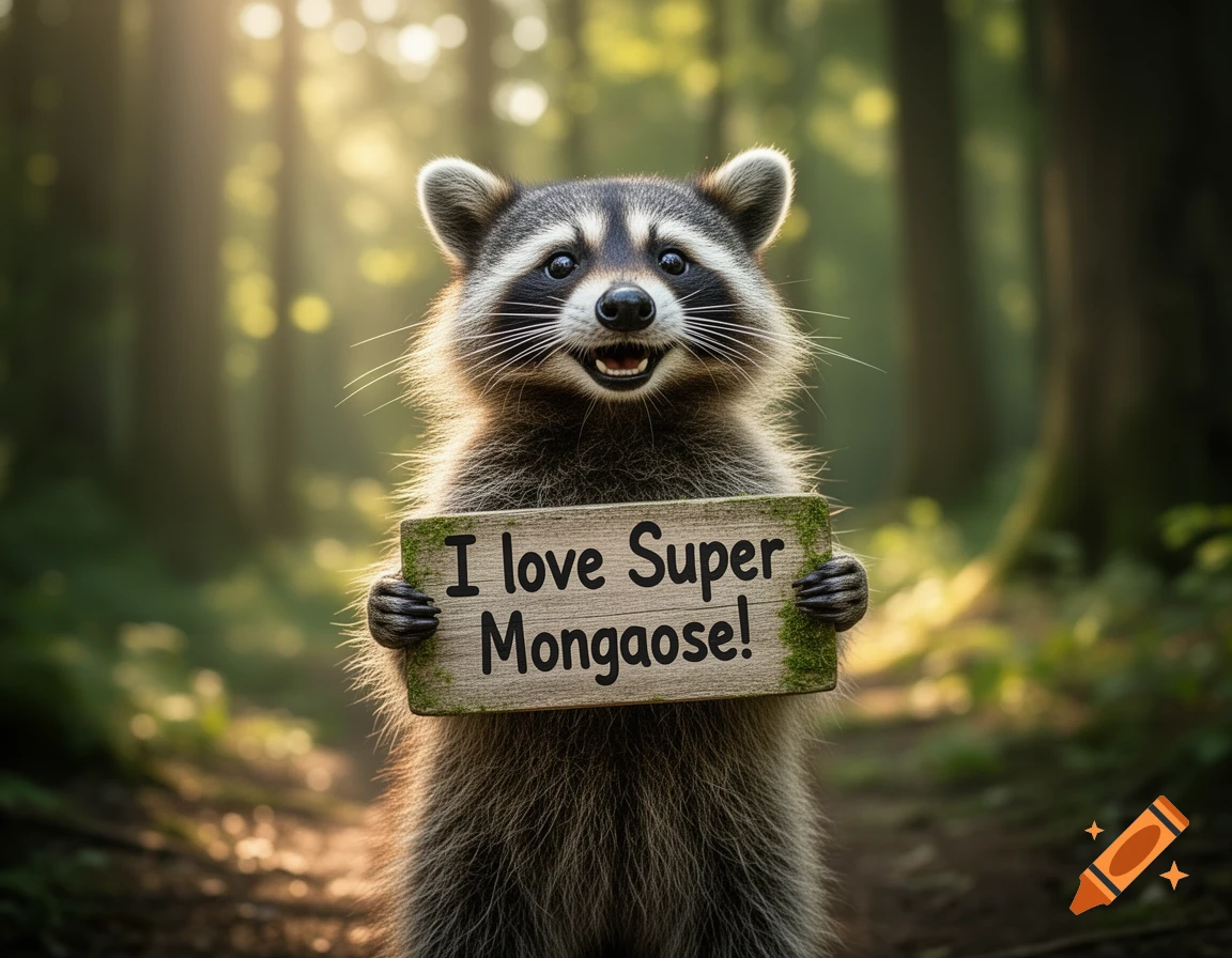 A happy, photorealistic raccoon stands in a sunny forest, holding a wooden sign that says, 'I love Super Mongoose!'.