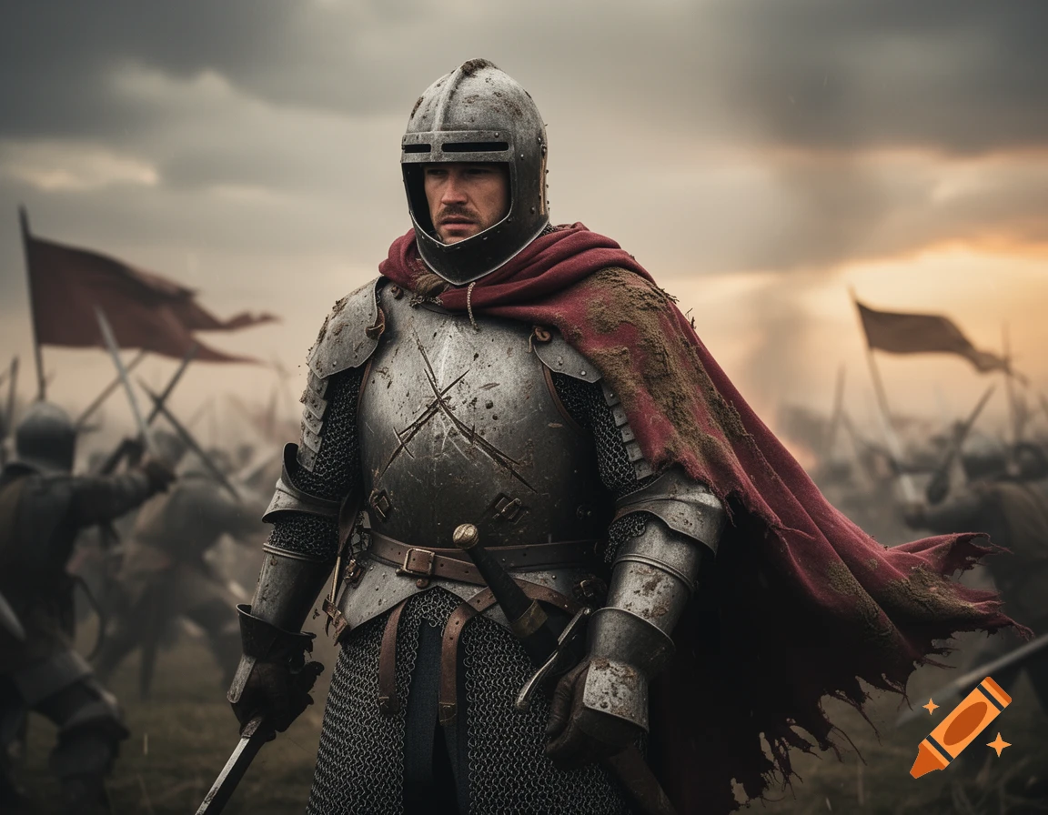A battle-damaged knight in full armor and a tattered red cape stands on a battlefield with other warriors under a cloudy sky.