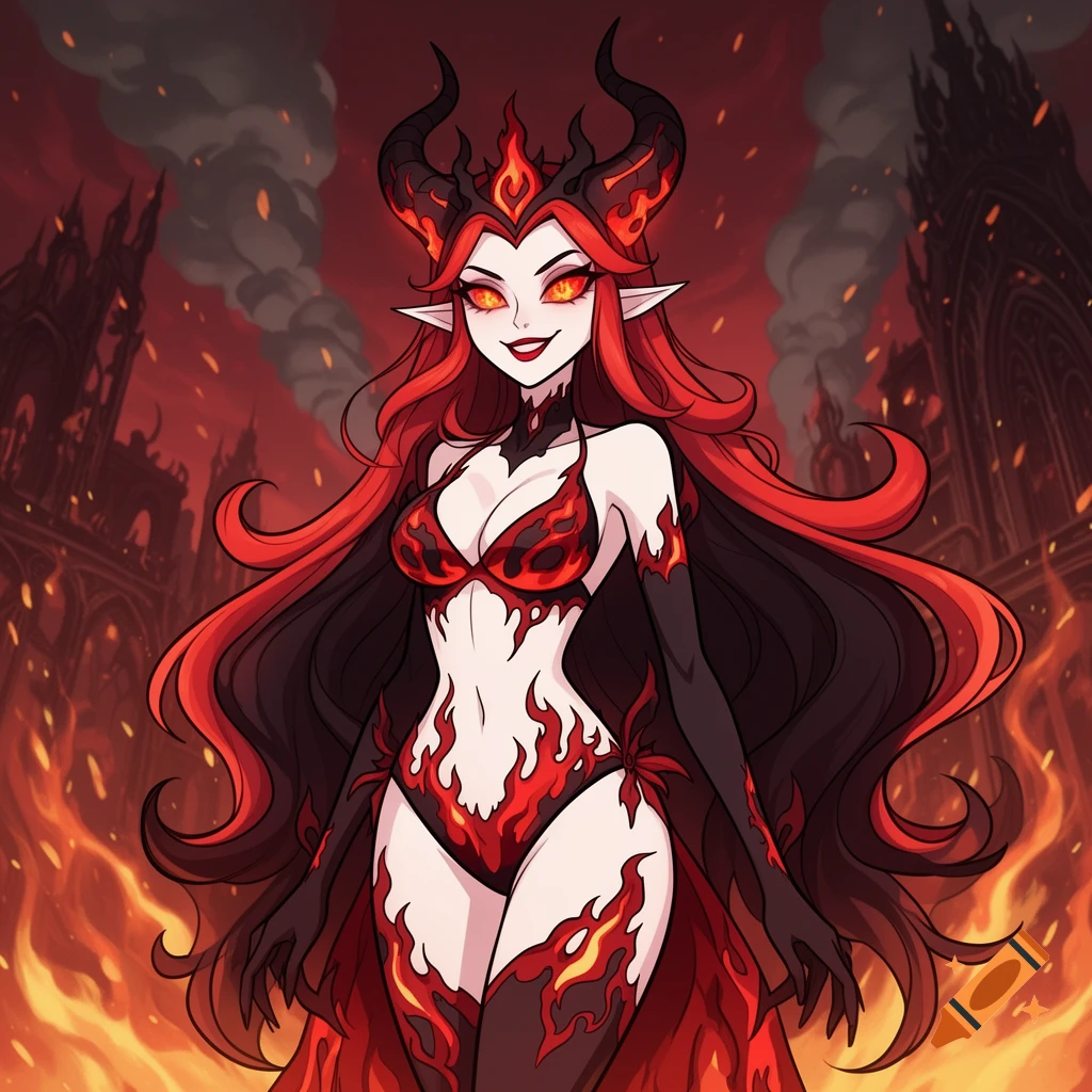 An anime-style demonic woman with red hair, horns, and glowing eyes, wearing a flame-patterned bikini, in a fiery hellscape.