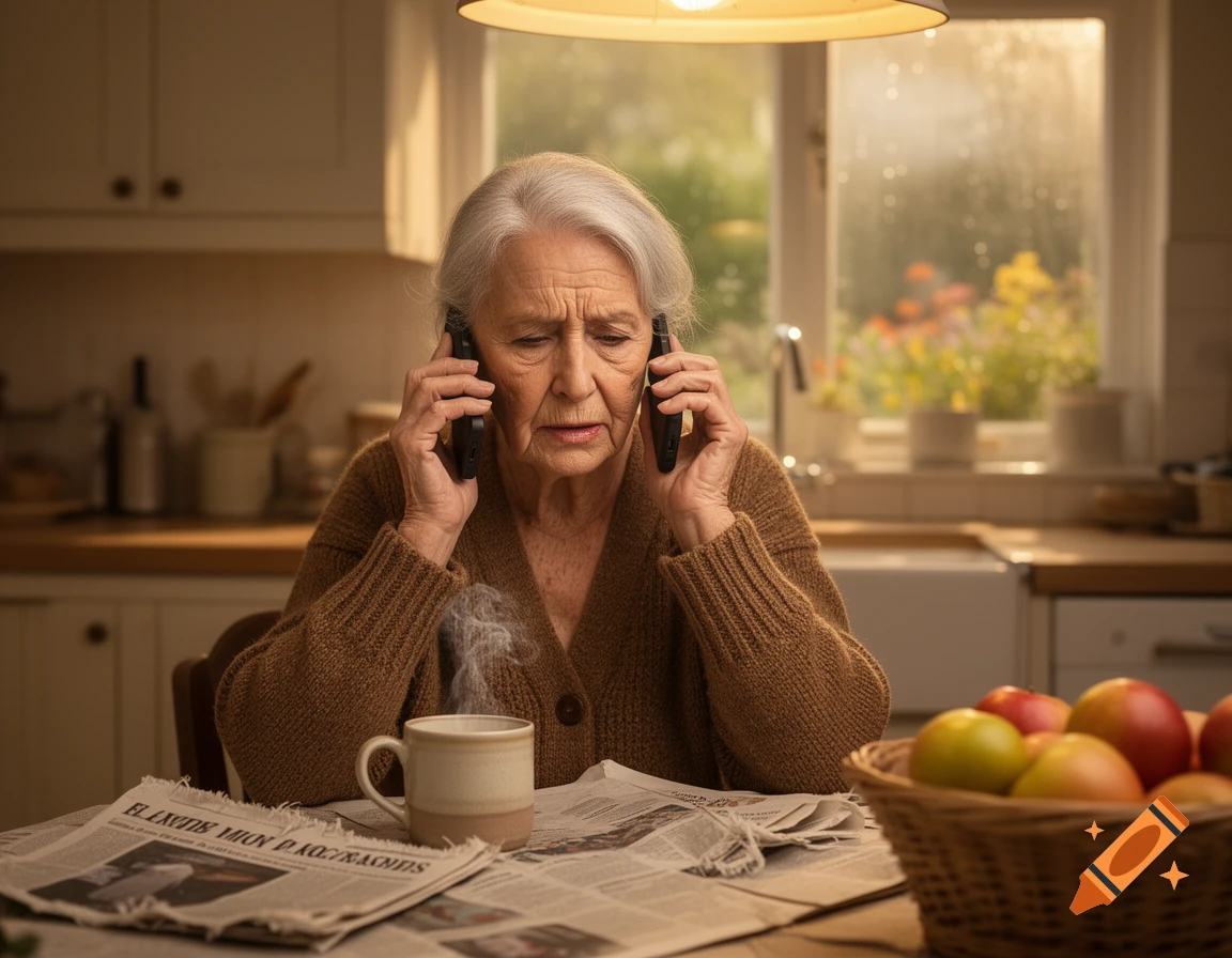 A distressed older woman with white hair sits at a kitchen table, holding two phones to her ears simultaneously, with a steaming mug and newspapers nearby.