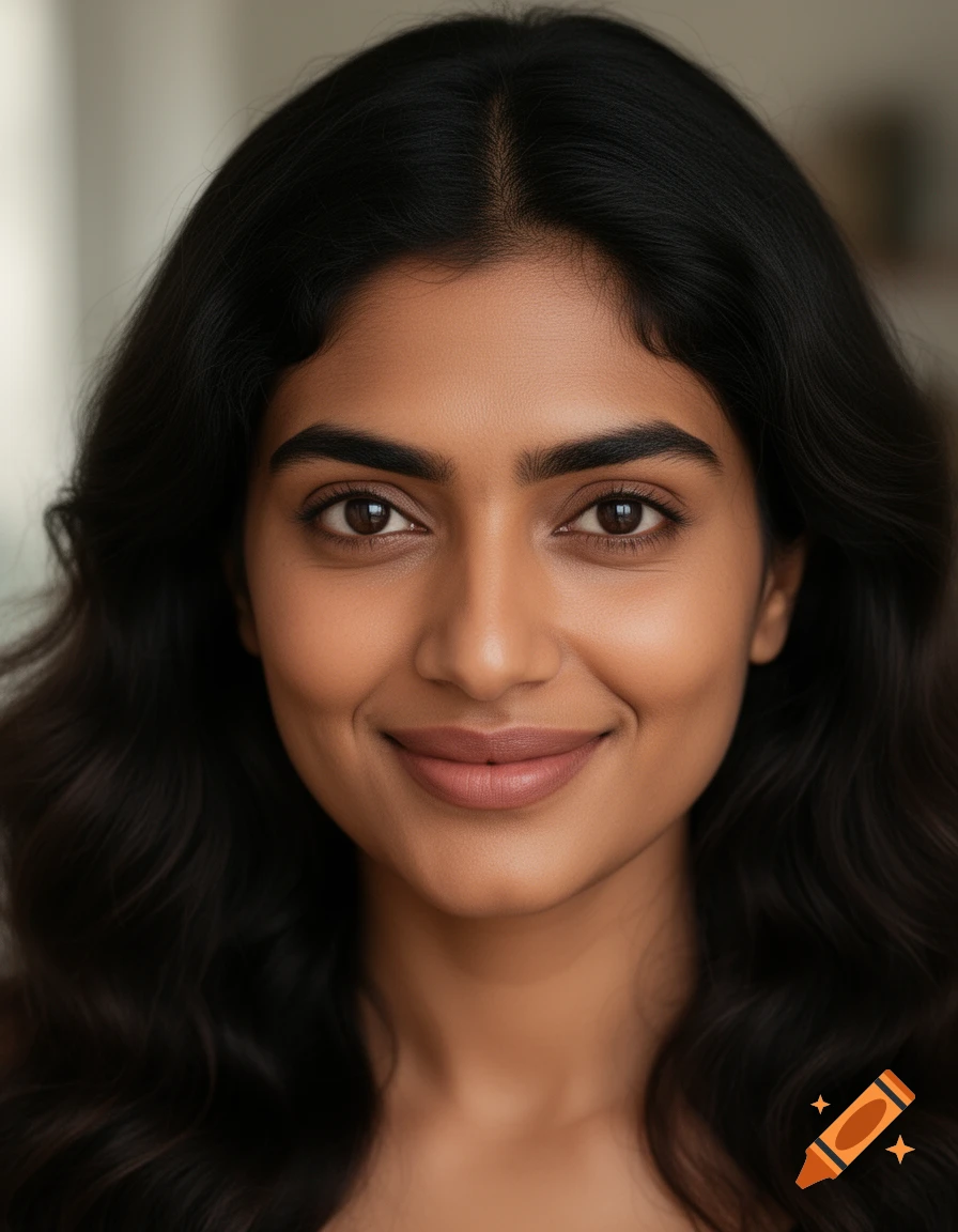 Close-up photorealistic portrait of a young woman with dark wavy hair, brown eyes, and a gentle smile.