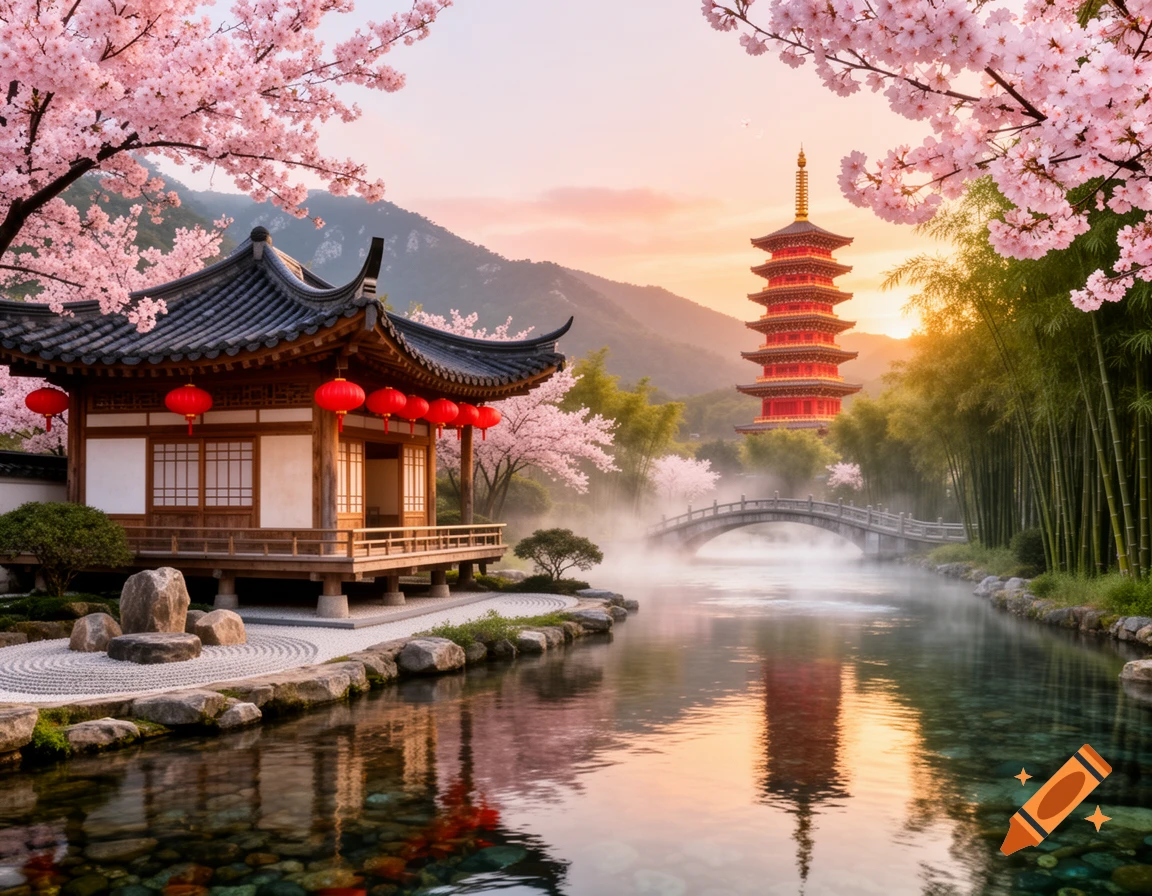 Traditional Asian temple and red pagoda by a misty river with cherry blossoms under a sunset sky, photorealistic.