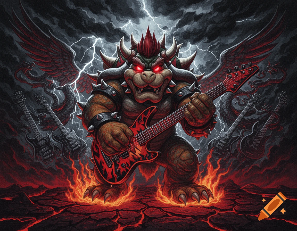 Bowser with glowing red eyes, playing a flame-decorated electric guitar amidst fire, lightning, and shadowy dragon wings in a heavy metal style.