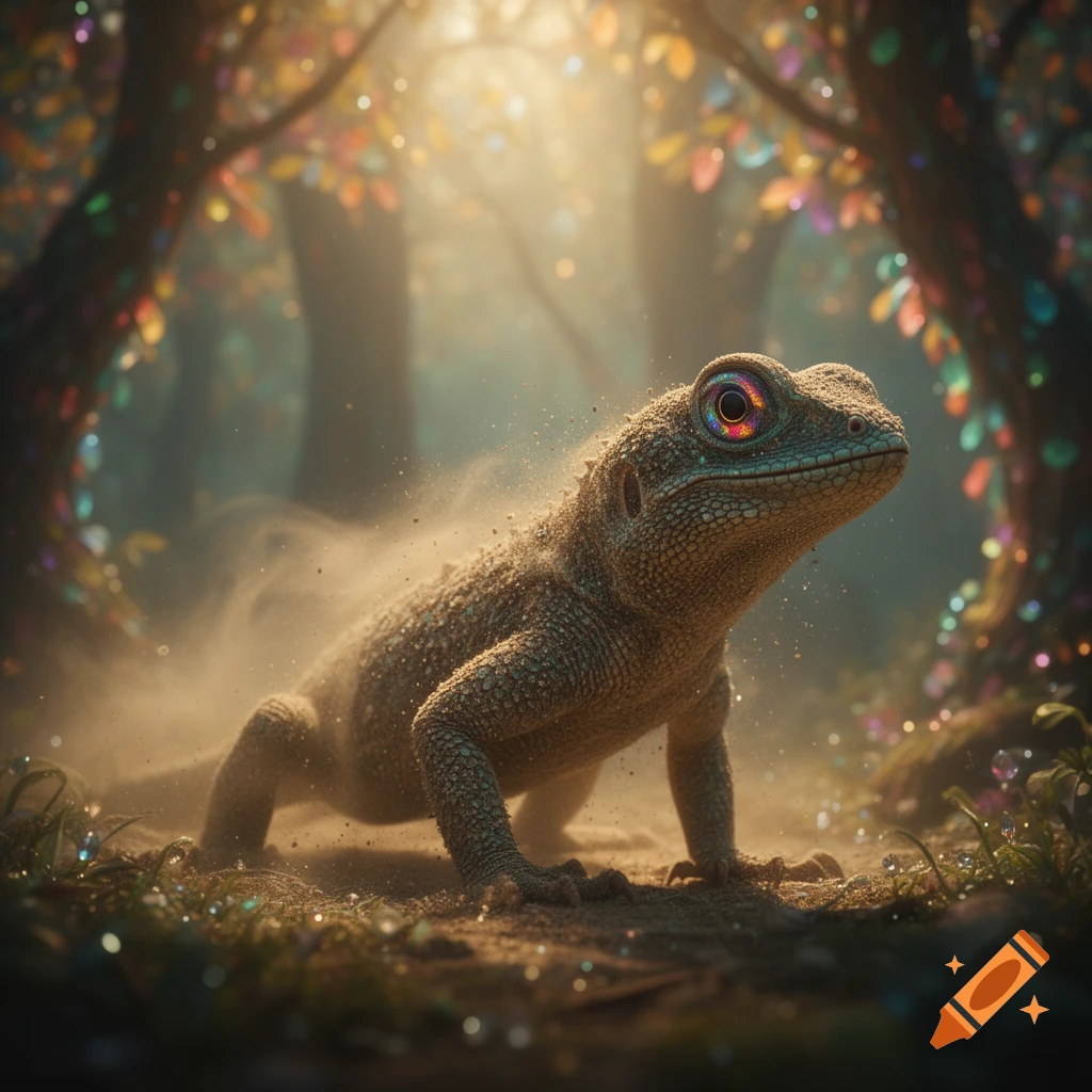 A detailed lizard with iridescent eyes stands in a magical, dust-filled fantasy forest under glowing light.