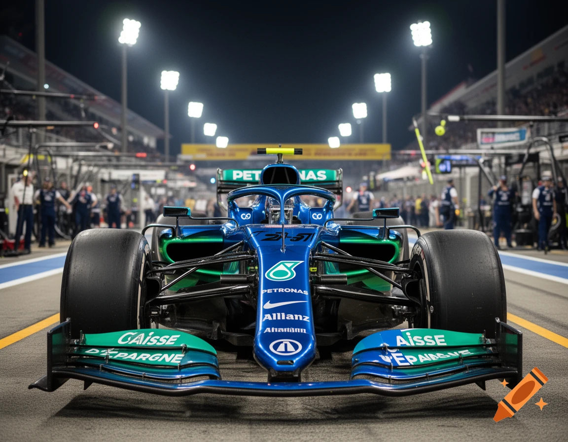 A blue and green Formula 1 race car sits on the pit lane at night under bright stadium lights.