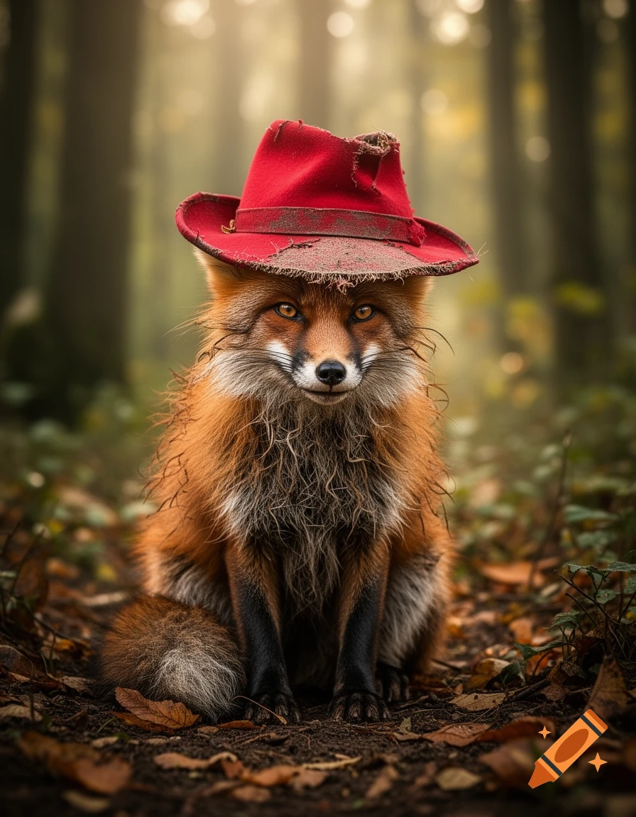 A photorealistic fox with shaggy fur and a worn, dusty red hat sits amongst autumn leaves in a forest.