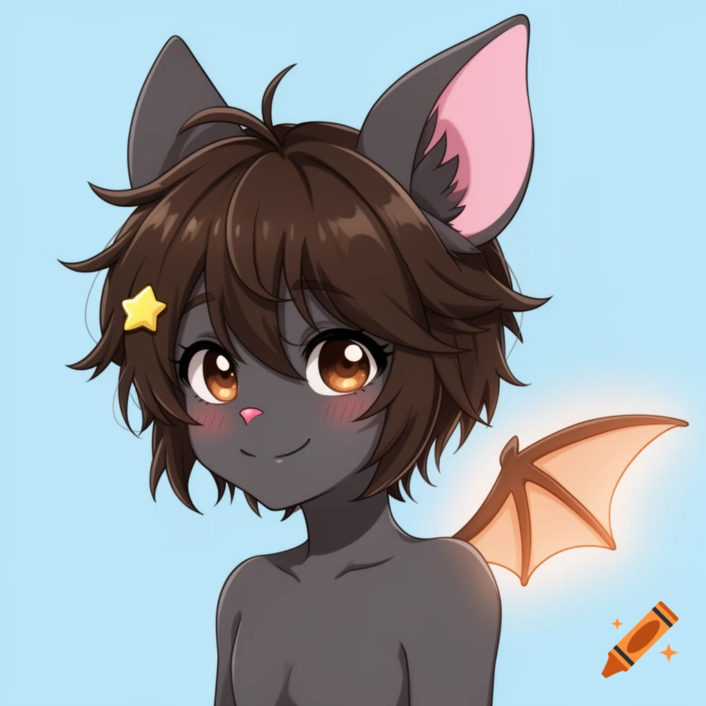 Cute dark gray bat-girl anime character with short brown hair, big brown eyes, star hairpin, and small wings, smiling shyly on blue.