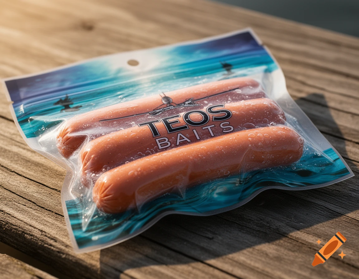 A clear plastic package containing three hotdogs labeled 'TEOS BAITS' sits on a wooden surface in sunlight.