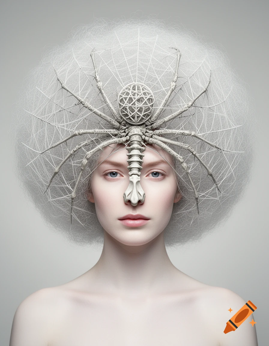 A surreal portrait of a pale woman with a white spiderweb afro, a skeletal spider on her head, and a skeletal nose bridge.