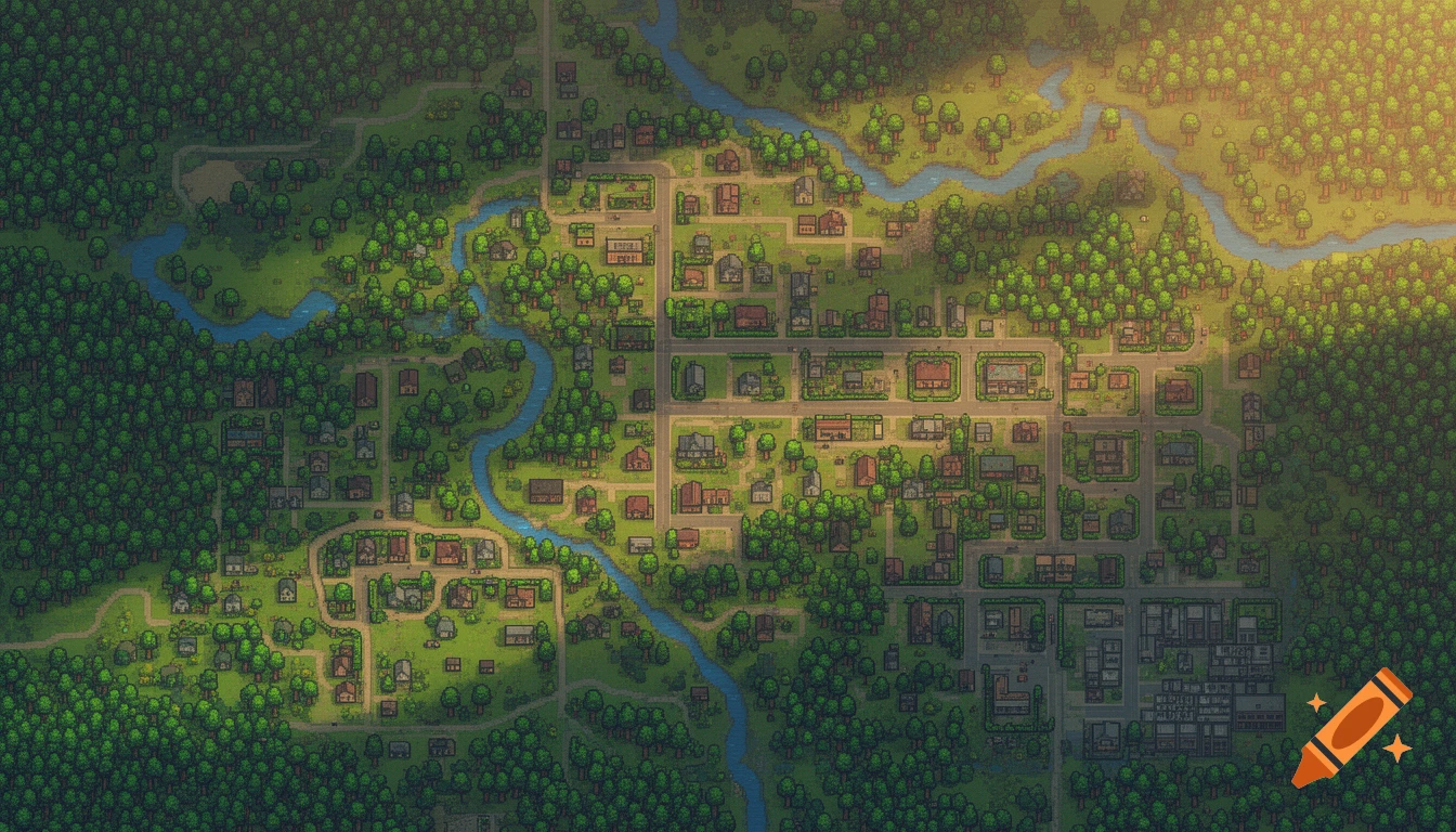 Overhead pixel art map of a town with roads, houses, a river, and forests, bathed in warm sunlight.