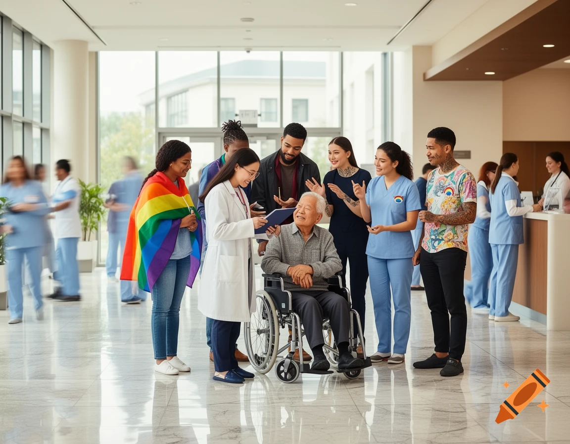 A diverse group of healthcare workers and visitors, including an elderly man in a wheelchair and a person draped in a rainbow flag, gather in a bright hospital lobby.