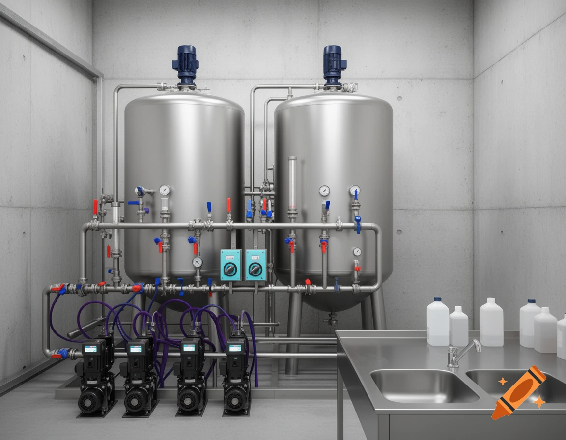 Photorealistic image of an industrial chemical storage and dosing plant with two large tanks, complex piping, and a sink.