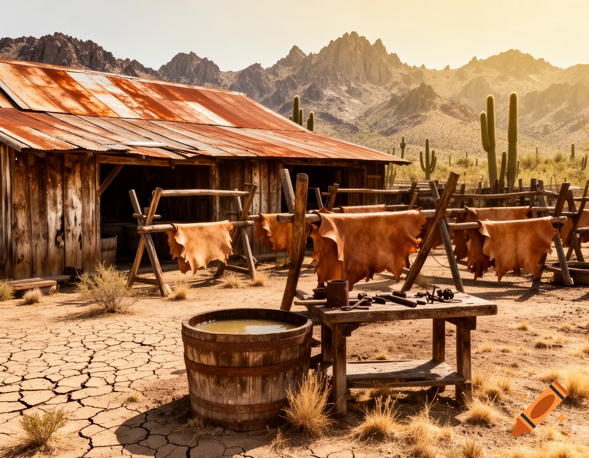 A photorealistic image of an old Wild West tannery in a desert with mountains, a rustic building, drying hides, and cacti.