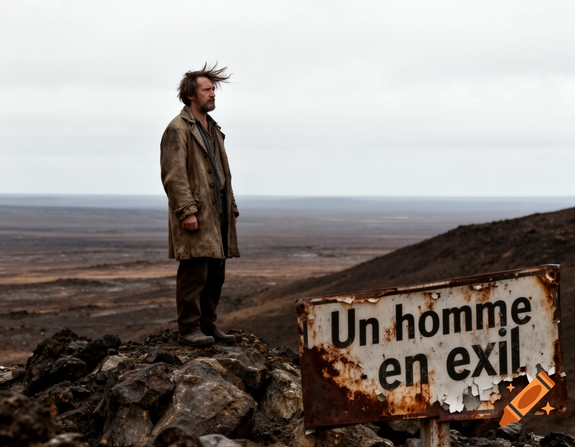 A disheveled man stands on rocks in a barren landscape under a cloudy sky, next to a rusty sign 'Un homme en exil'.