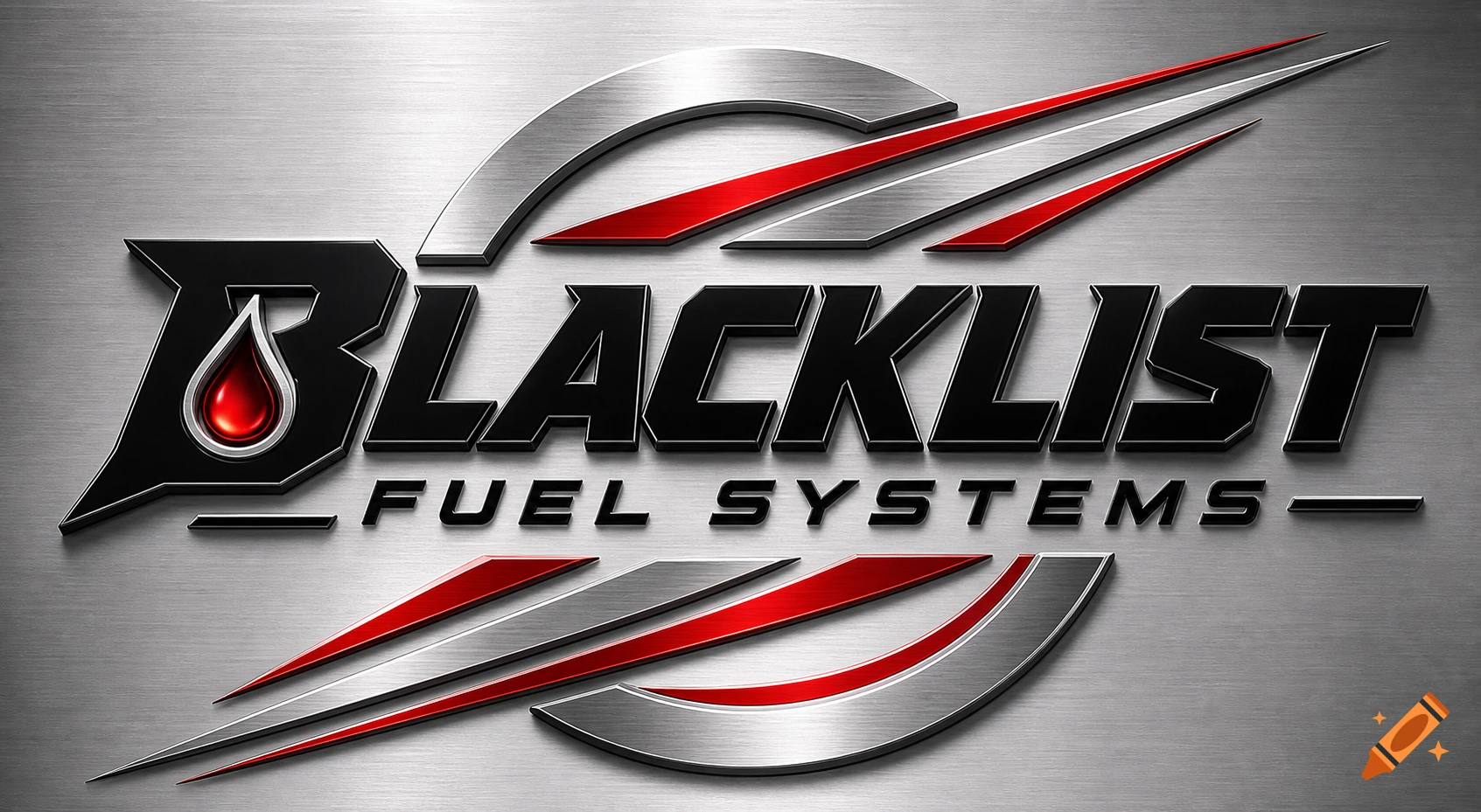 A 3D metallic logo for "Blacklist Fuel Systems" featuring black text with silver outlines, red accents, and a red fuel drop icon, set against a brushed metal background.