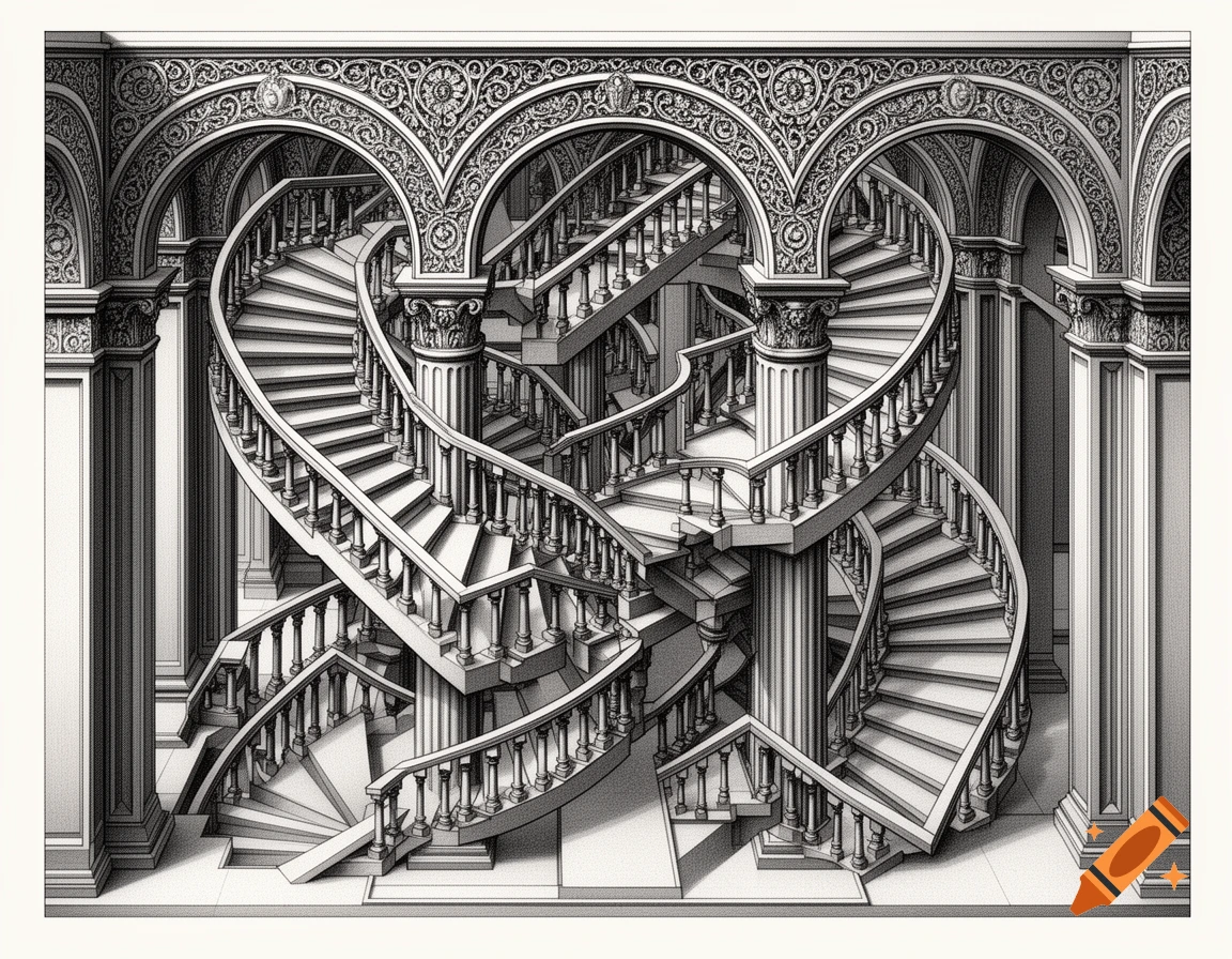 Intricate black and white drawing of an impossible heart-shaped staircase with ornate arches, in the style of M.C. Escher.