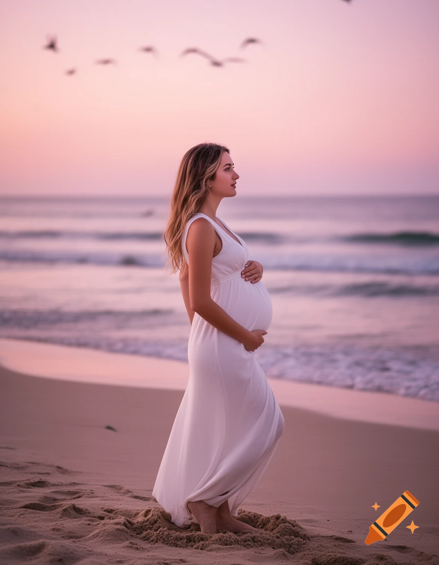 A pregnant woman in a white dress stands on a sandy beach at sunset, looking towards the ocean with her hand on her baby bump.