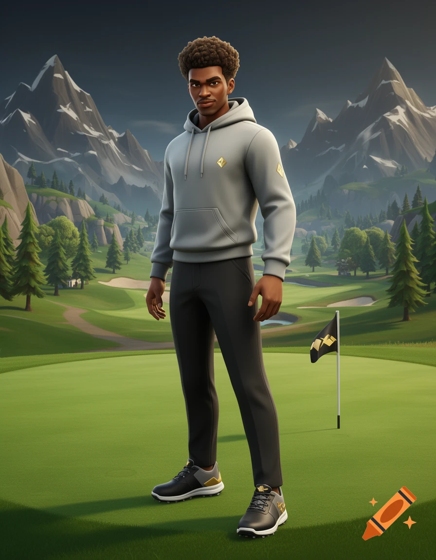 A stylized video game character, an athletic Black man in a gray hoodie and black pants, stands on a golf course with mountains.