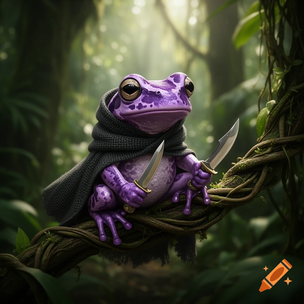 A cute purple tree frog rogue in a dark cloak holds two daggers while sitting on a vine in a lush jungle.