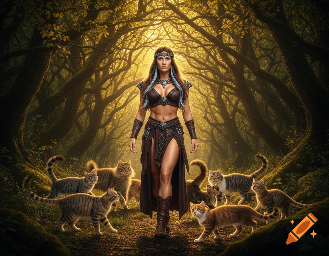 A strong woman in Viking-style leather armor walks through a mystical sunlit forest, surrounded by several domestic cats, in a photorealistic style.