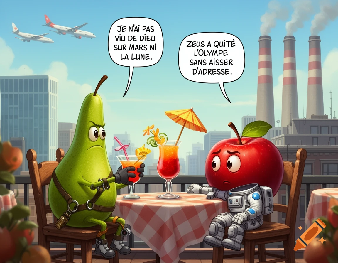 A cartoon pear in mountaineering gear and an apple in an astronaut suit sit at a table on a balcony, drinking cocktails and talking.