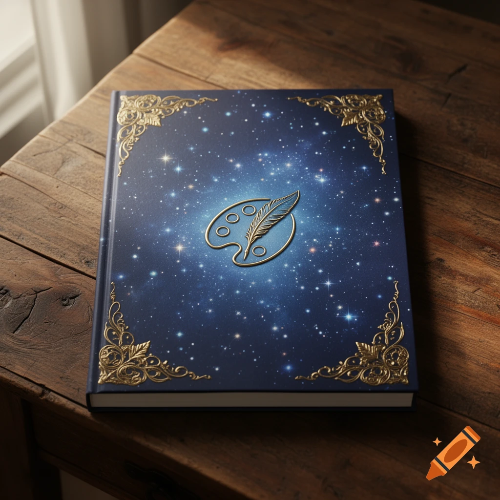 Dark blue notebook with a starry galaxy cover, gold filigree corners, and a gold emblem of a palette and quill, on a wooden table.