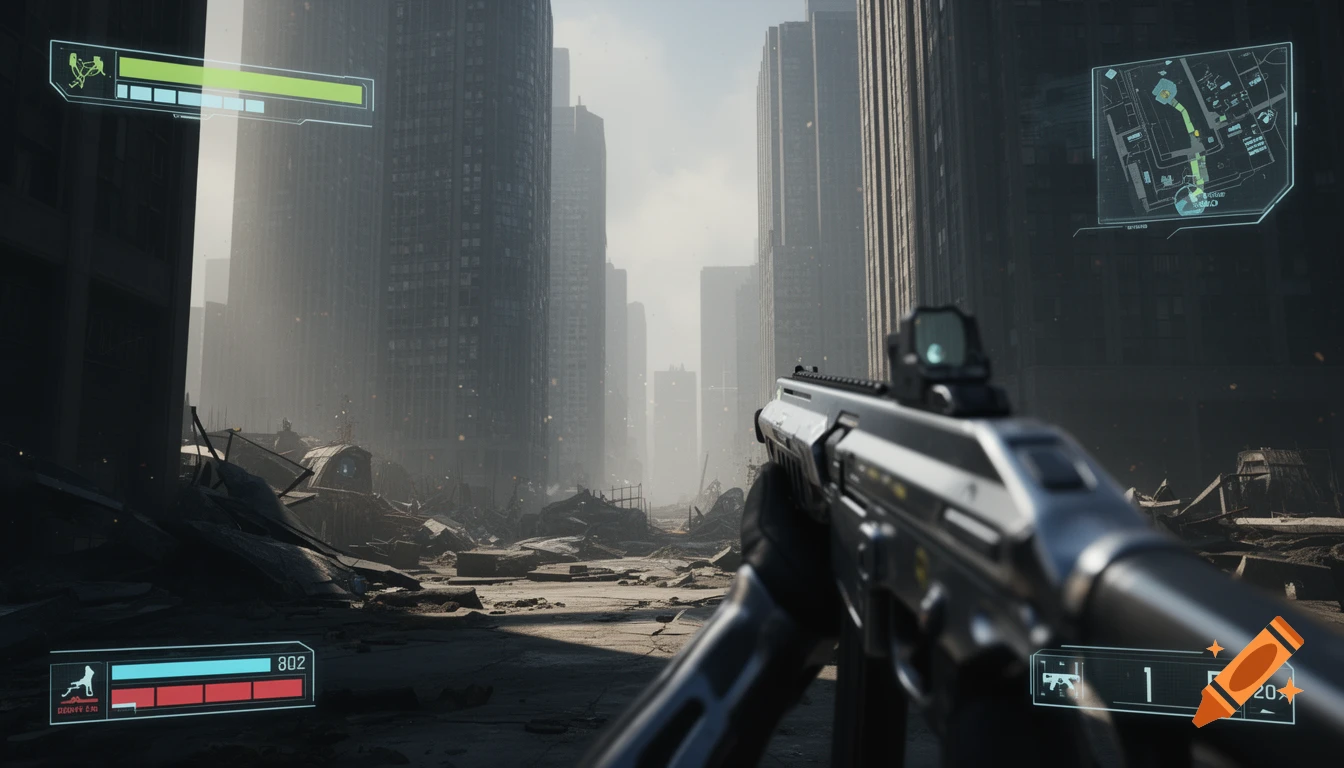First-person view of a rifle in a ruined cityscape, featuring a futuristic game HUD.