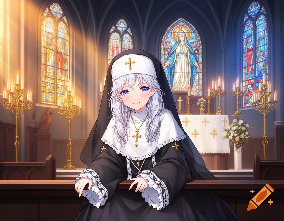 An anime-style nun with silver hair sits in a richly detailed Gothic cathedral, featuring stained glass windows and an ornate altar.