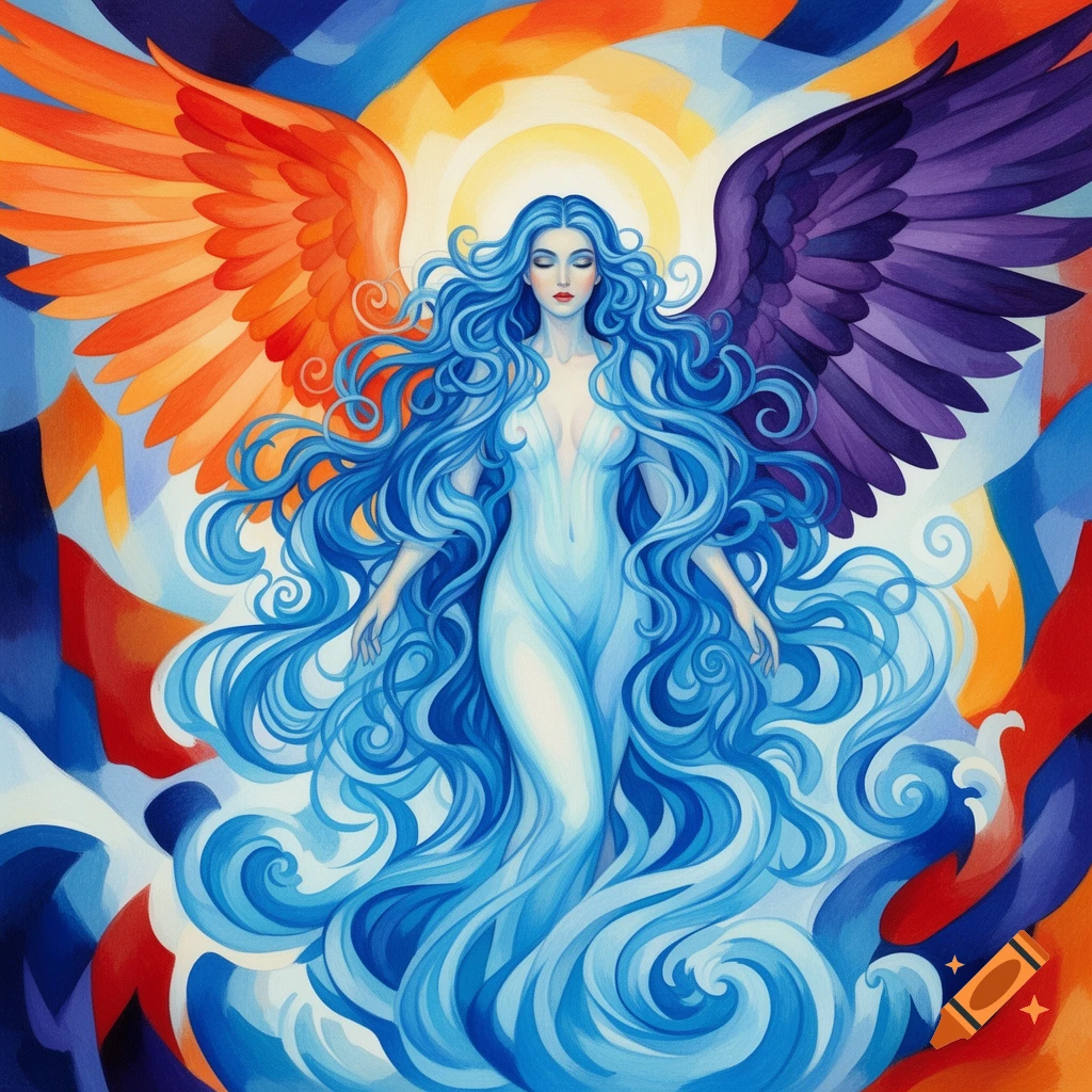 A vibrant art nouveau style painting of an angelic figure with long flowing blue hair, orange and purple wings, against an abstract colorful background.