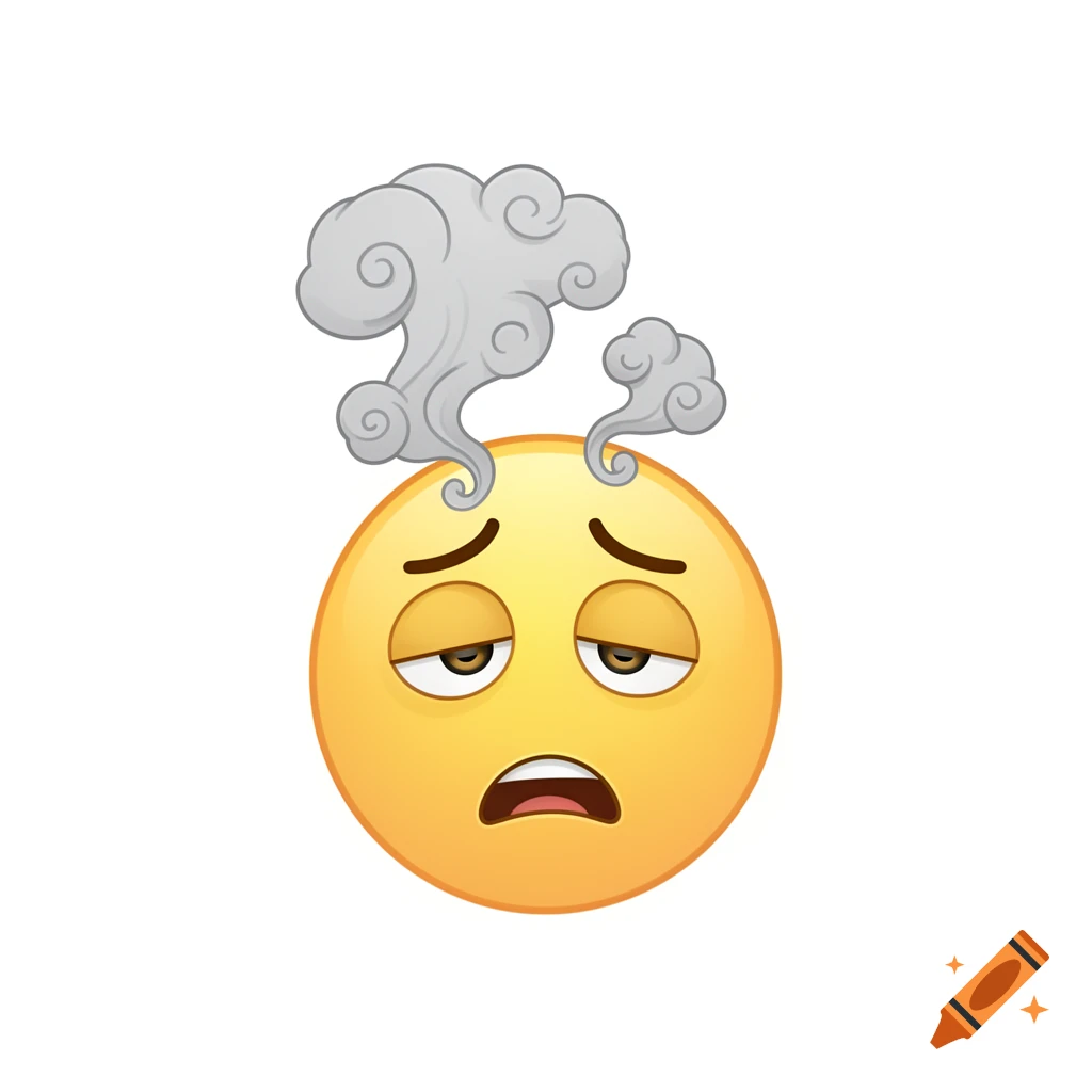 An exhausted yellow emoji face with half-closed eyes, an open mouth, and grey smoke rising from its head, cartoon style.