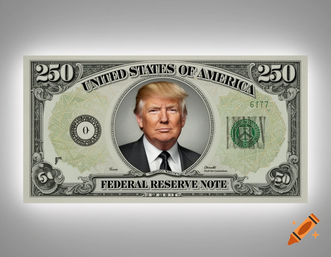 A photorealistic $250 bill featuring a portrait of Donald Trump in the center, with "UNITED STATES OF AMERICA" and "FEDERAL RESERVE NOTE" visible.