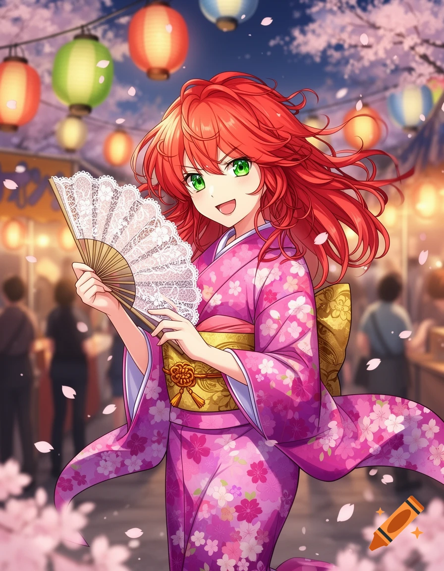 Anime girl with red hair, green eyes, and a pink floral kimono holding a fan at a Japanese festival with lanterns and cherry blossoms.