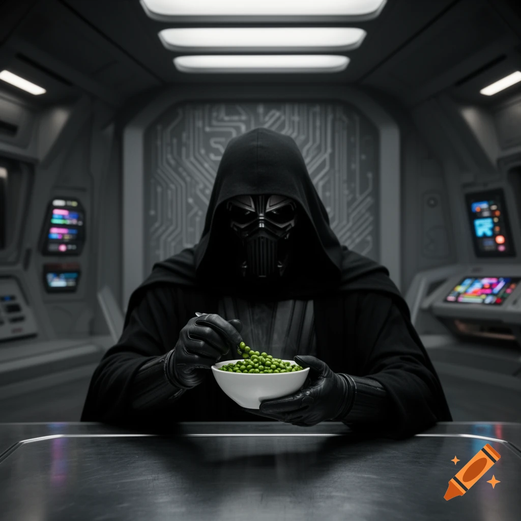 Darth Vader wearing a hooded cloak and mask, holding a white bowl of green peas with a spoon, sitting at a table in a futuristic spaceship.