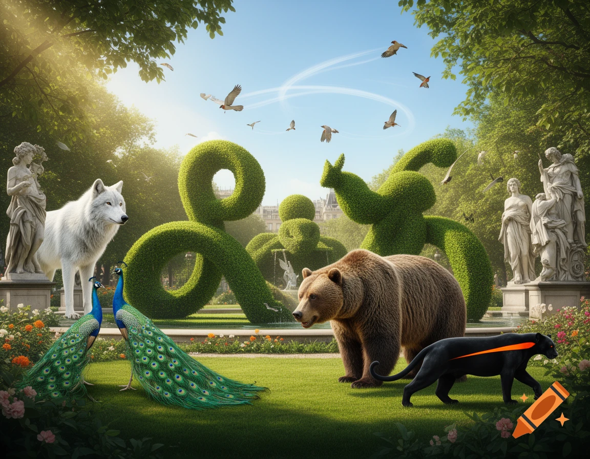 A photorealistic scene with a white wolf, two peacocks, a grizzly bear, and a black panther with an orange stripe in a city park with statues and topiaries.