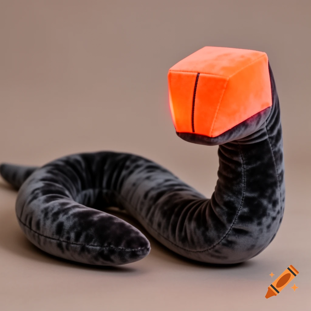A dark gray, serpentine plush toy with a glowing neon orange, cube-like head sits on a light brown surface.