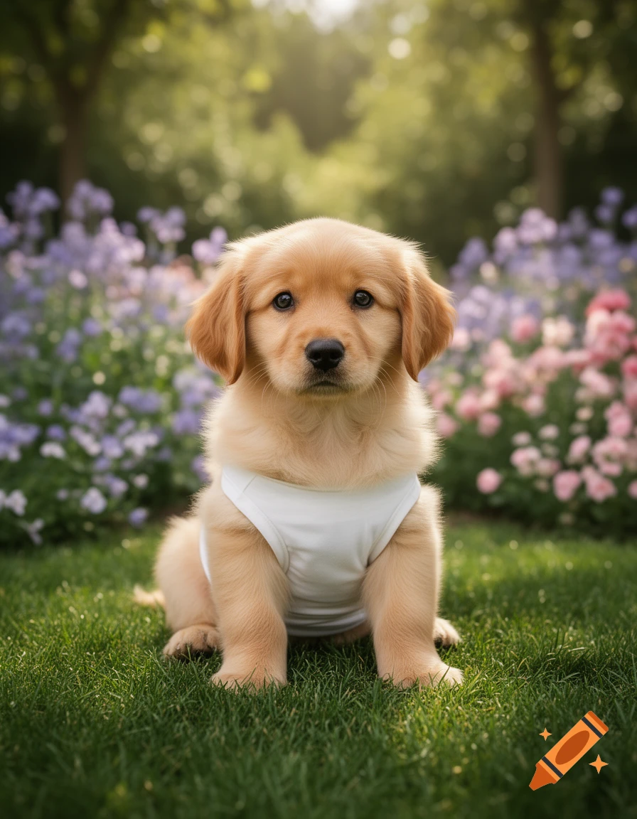 A fluffy golden retriever puppy sits on green grass, wearing a white t-shirt, surrounded by colorful flowers in a sunny garden.