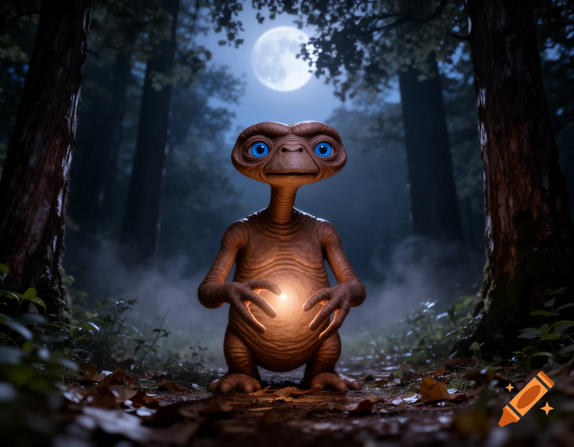 A photorealistic image of E.T. the alien with glowing fingers, standing in a dark, misty forest under a full moon.