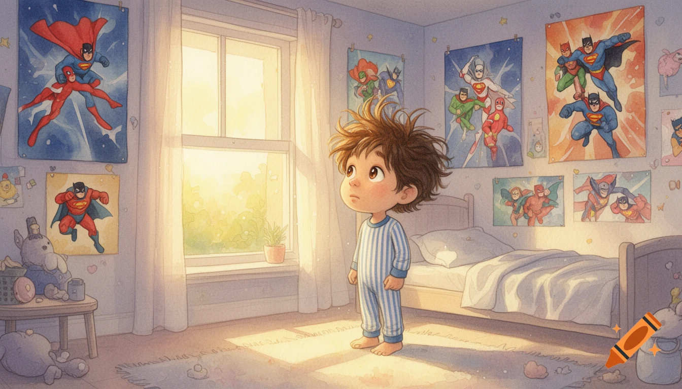 A small boy with wild bed-hair in striped pajamas stands in his sunlit bedroom, looking towards the window. Superhero posters adorn the walls. Watercolor style.