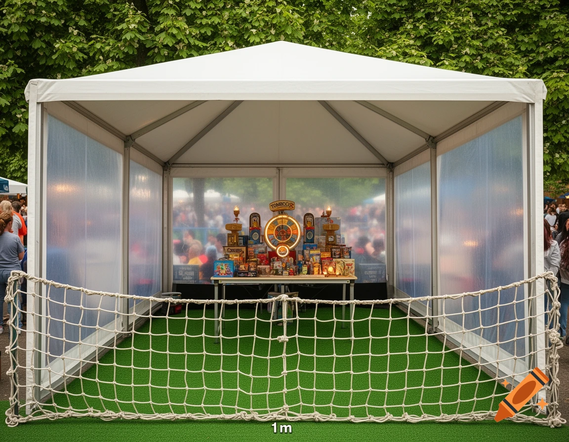 Photorealistic image of a white pavilion with a tombola game inside, cordoned off by a 1m high net on a grassy floor, with blurry people in the background.