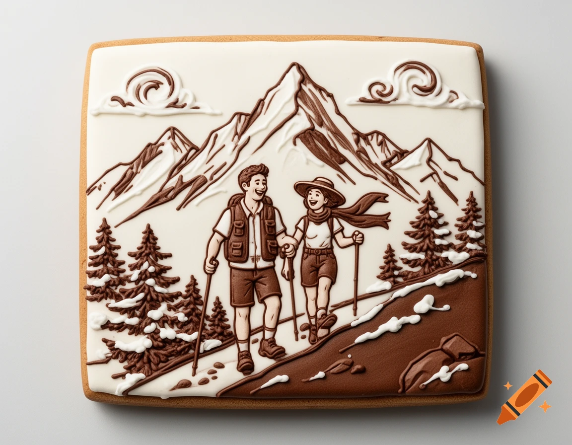 A square cookie decorated with white and chocolate frosting, depicting a couple hiking up a snowy mountain with pine trees.