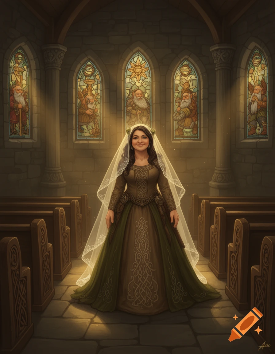 A woman in a brown and green wedding gown and veil stands illuminated by light in a stone chapel with stained glass windows featuring dwarf-like figures.