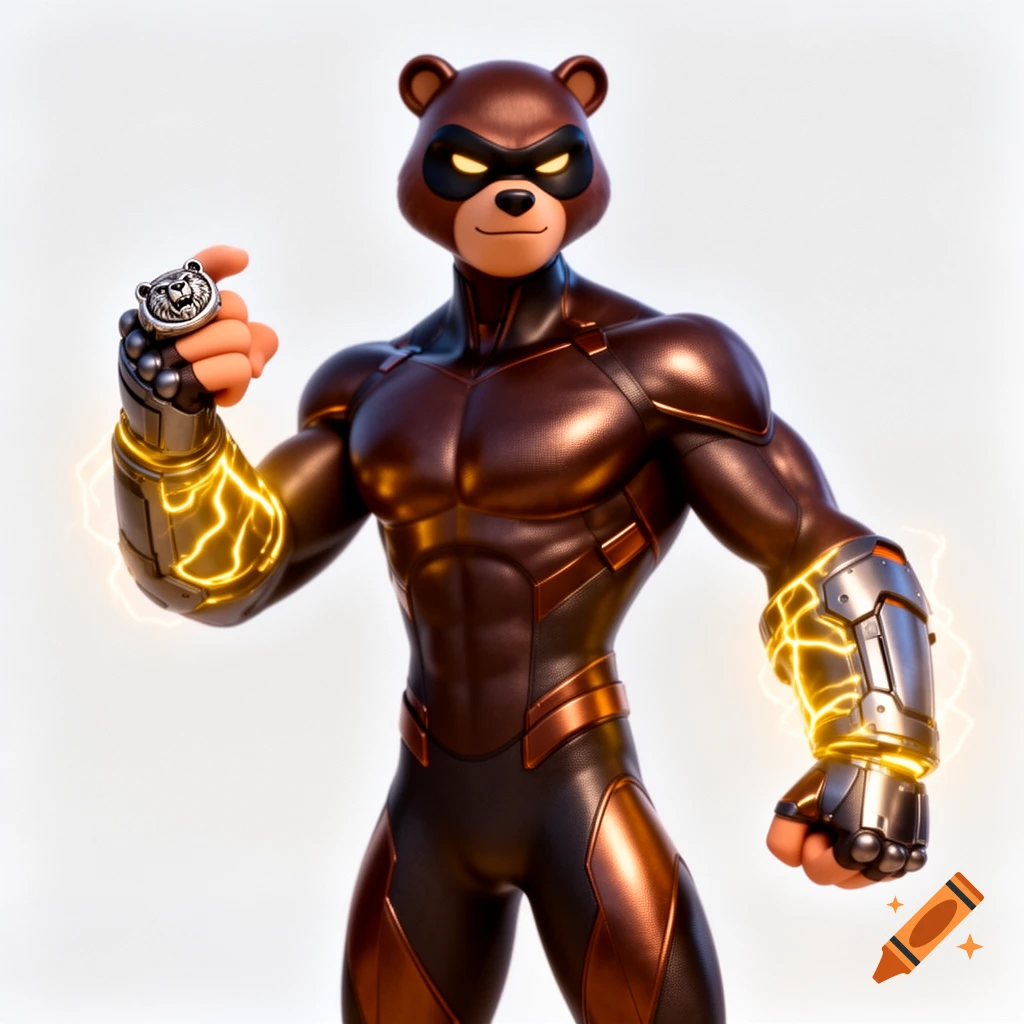 A 3D animated superhero bear character in a dark brown and bronze tactical suit, wearing glowing gauntlets and a bear ring.