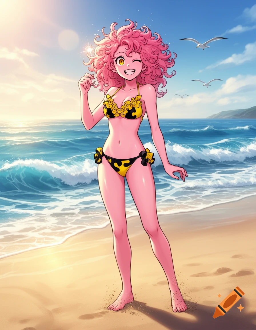Anime girl Mina Ashido in a yellow bikini winks on a sunny beach with ocean waves and seagulls.