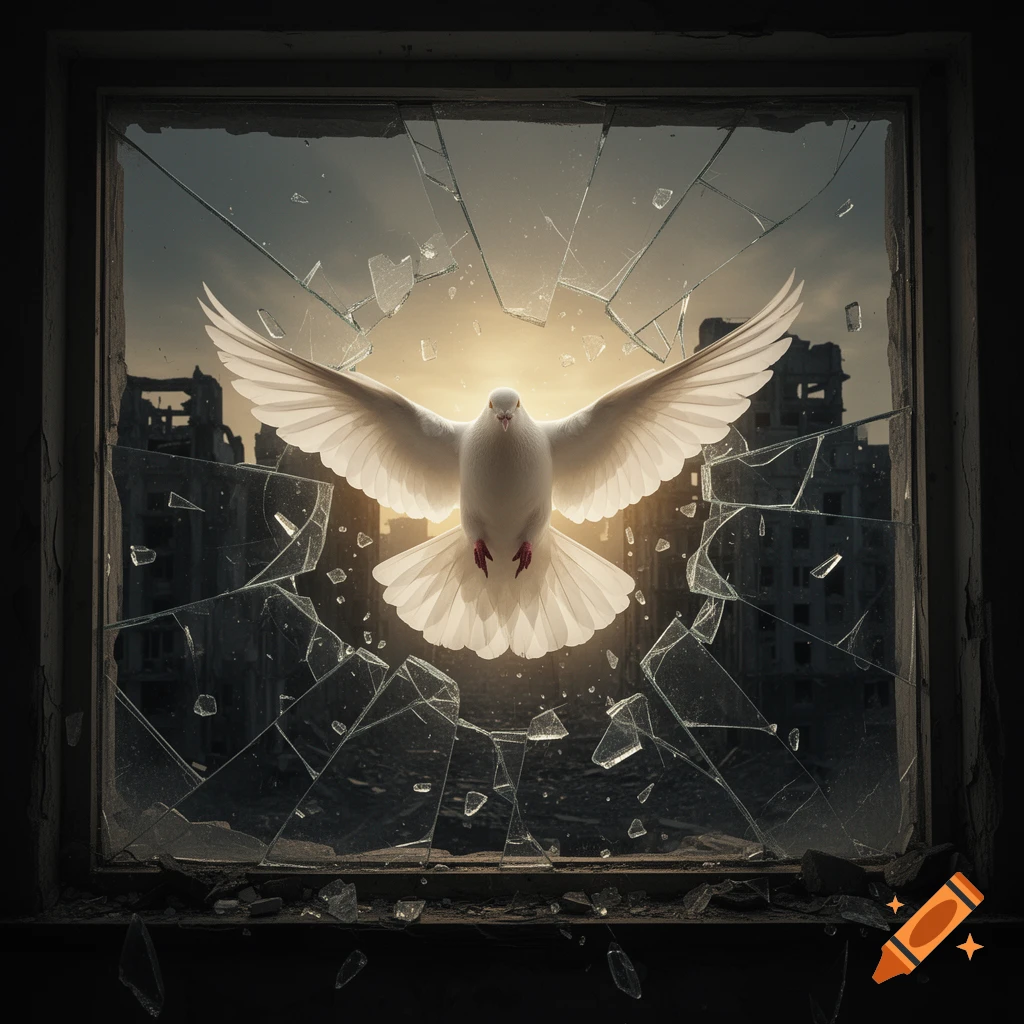 A white dove with outstretched wings flies through a shattering glass window, dark city ruins in the background, dramatic lighting.