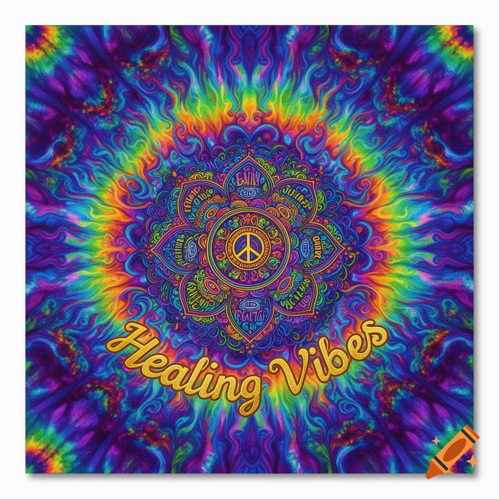 A vibrant, colorful psychedelic mandala with a peace sign, intricate patterns, and gold 'Healing Vibes' text.